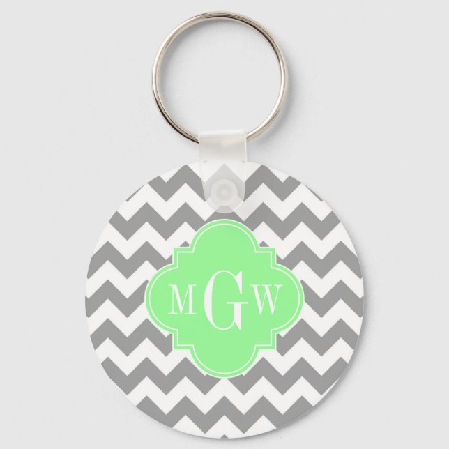 Grey Wht Chevron Mint Quatrefoil 3 Monogram Keychain (Front)