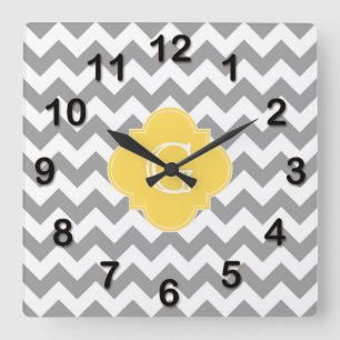 Grey Wht Chevron Mustard Quatrefoil Monogram Square Wall Clock