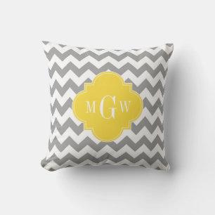 Grey Wht Chevron Pineapple Quatrefoil 3 Monogram Throw Pillow
