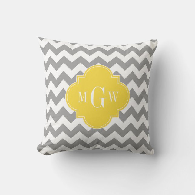 Grey Wht Chevron Pineapple Quatrefoil 3 Monogram Throw Pillow (Front)