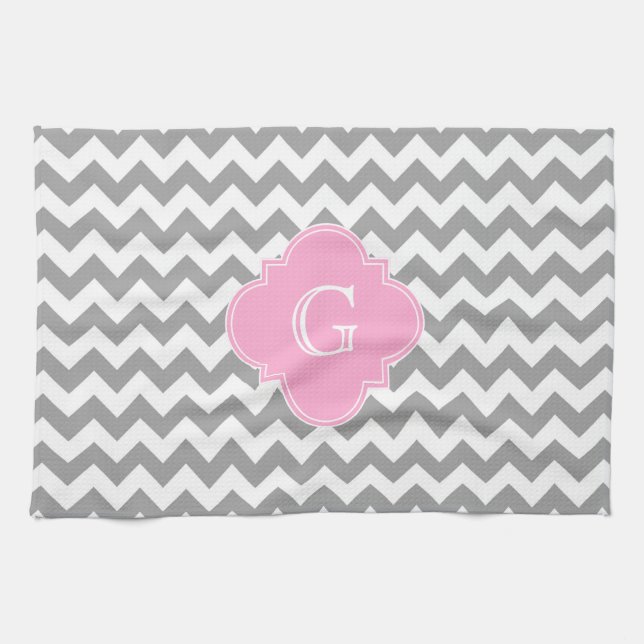 Grey Wht Chevron Pink Quatrefoil Monogram Kitchen Towel (Horizontal)