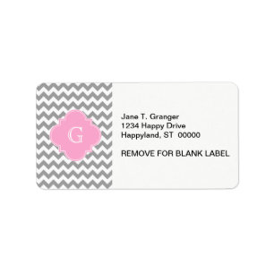 Grey Wht Chevron Pink Quatrefoil Monogram Label