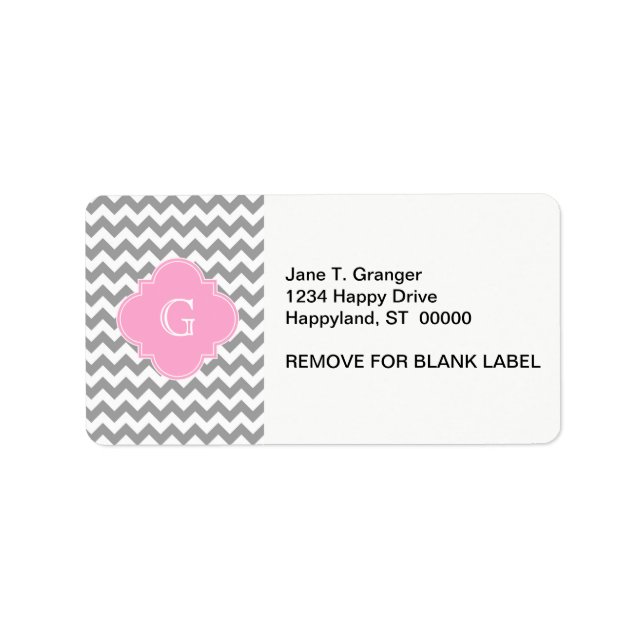Grey Wht Chevron Pink Quatrefoil Monogram Label (Front)