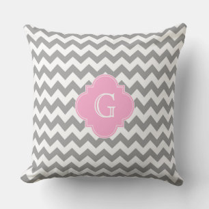Grey Wht Chevron Pink Quatrefoil Monogram Throw Pillow