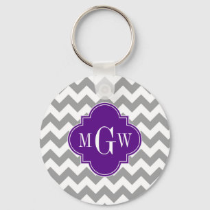 Grey Wht Chevron Purple Quatrefoil 3 Monogram Keychain