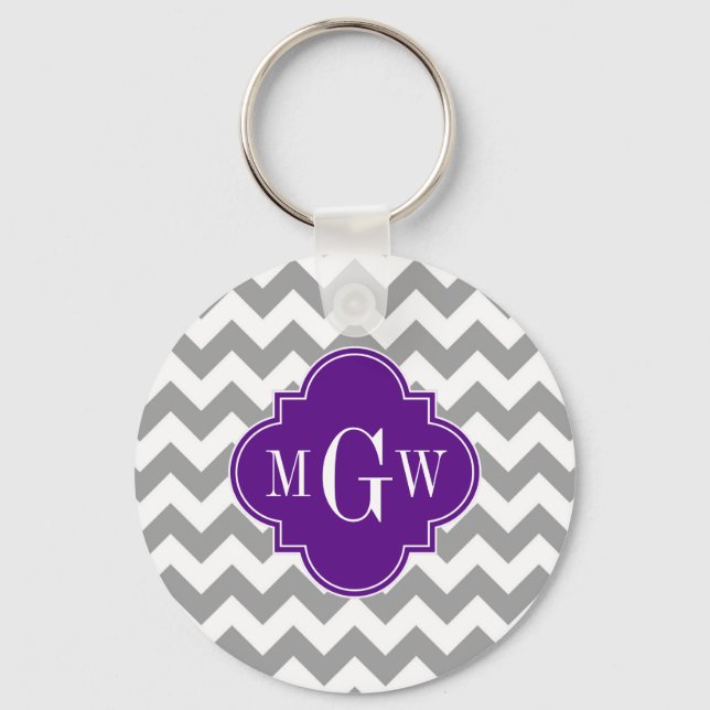 Grey Wht Chevron Purple Quatrefoil 3 Monogram Keychain (Front)