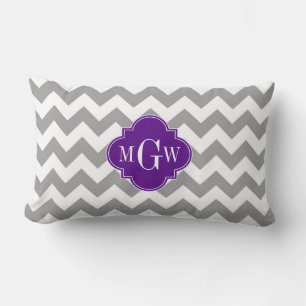 Grey Wht Chevron Purple Quatrefoil 3 Monogram Lumbar Pillow