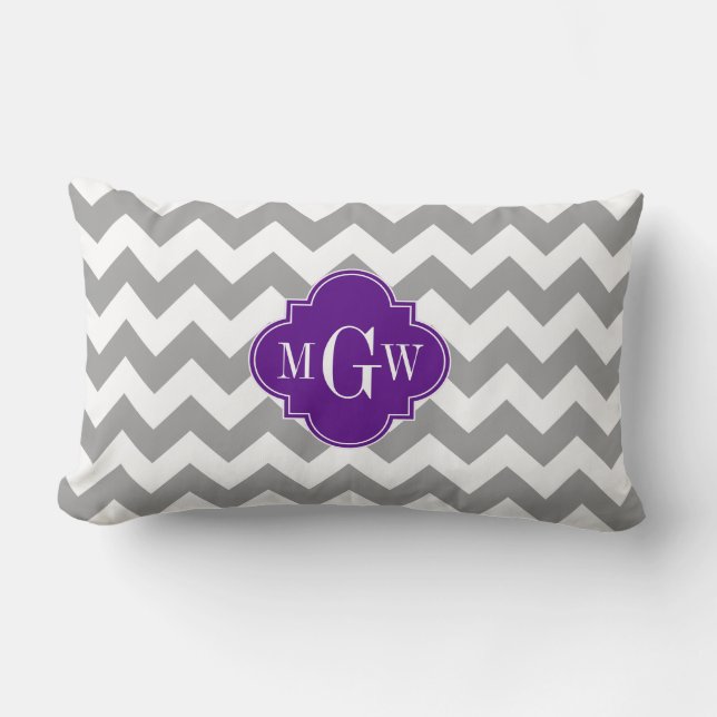 Grey Wht Chevron Purple Quatrefoil 3 Monogram Lumbar Pillow (Front)