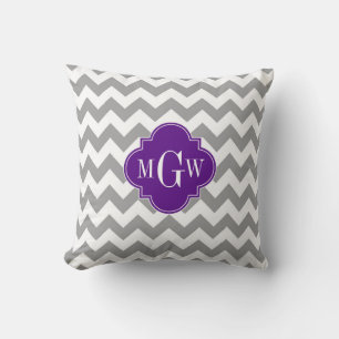 Grey Wht Chevron Purple Quatrefoil 3 Monogram Throw Pillow