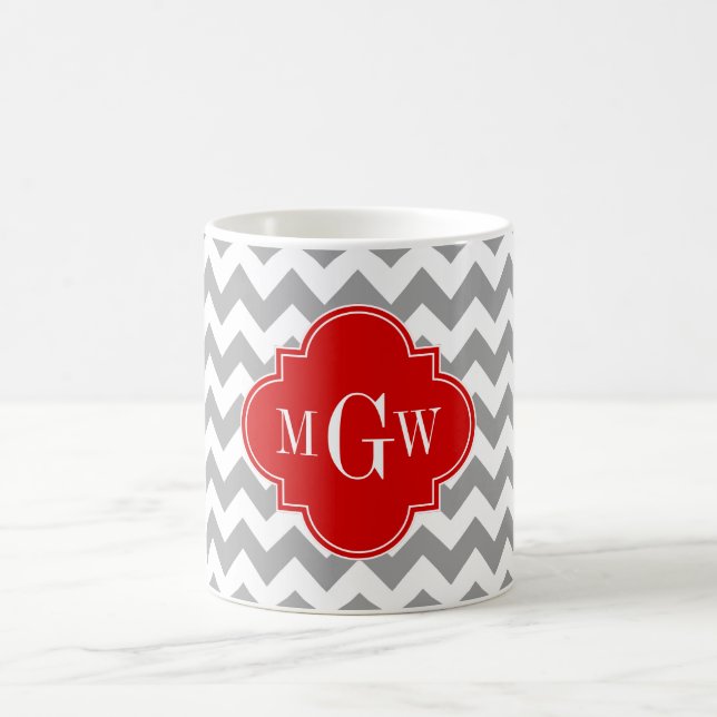Grey Wht Chevron Red Quatrefoil 3 Monogram Coffee Mug (Center)