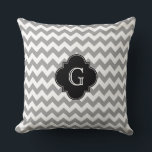 Grey Wht Chevron ZigZag Black Quatrefoil Monogram Throw Pillow<br><div class="desc">Grey and White Chevron ZigZag Pattern, Black Quatrefoil Label Monogram A stylish, modern, chic chevron zig-zag pattern in grey and white. Customize the black quatrefoil label with your monogram, name or other text. (Click on "Customize it" to change the font, adjust font sizes, font colours, etc.) If you would like...</div>