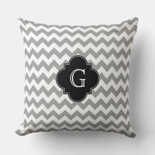 Grey Wht Chevron ZigZag Black Quatrefoil Monogram Throw Pillow