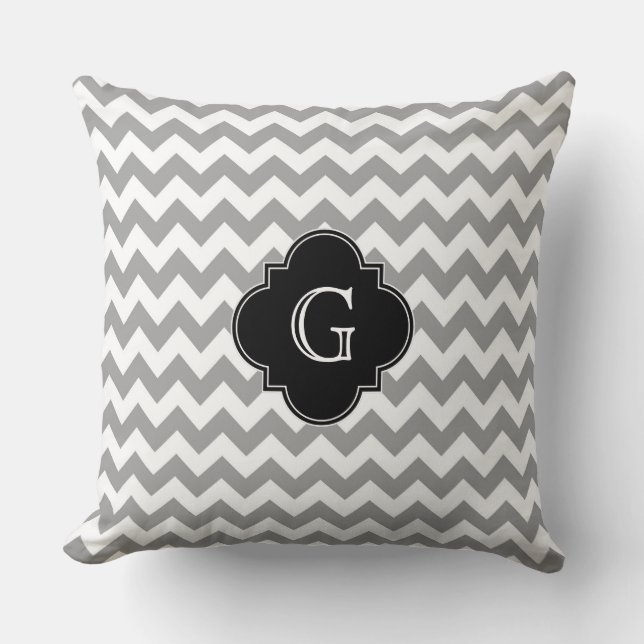 Grey Wht Chevron ZigZag Black Quatrefoil Monogram Throw Pillow (Front)
