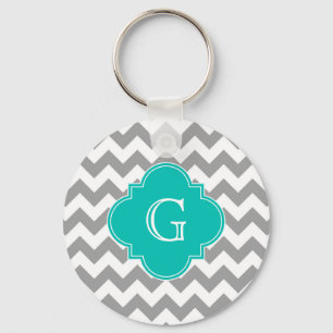 Grey Wht Chevron ZigZag Teal Quatrefoil Monogram Keychain