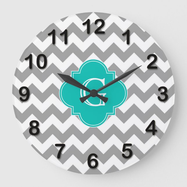 Grey Wht Chevron ZigZag Teal Quatrefoil Monogram Large Clock (Front)