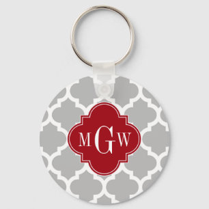 Grey Wht Moroccan #5 Cranberry 3 Initial Monogram Keychain