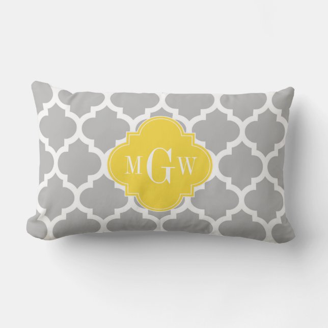 Grey Wht Moroccan #5 Pineapple 3 Initial Monogram Lumbar Pillow (Front)