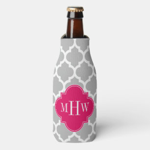 Grey Wht Moroccan #5 Raspberry 3 Initial Monogram Bottle Cooler