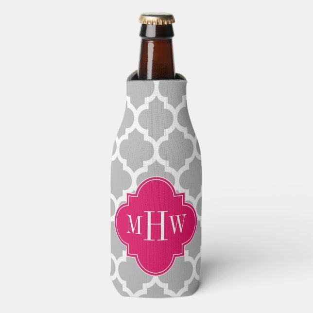 Grey Wht Moroccan #5 Raspberry 3 Initial Monogram Bottle Cooler (Bottle Front)