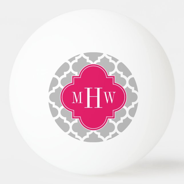 Grey Wht Moroccan #5 Raspberry 3 Initial Monogram Ping Pong Ball (Front)