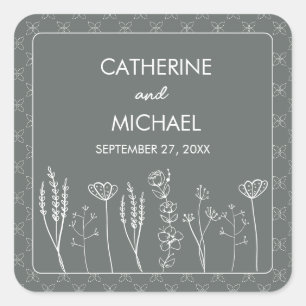 Grey Wildflower Bohemian Wedding Square Sticker
