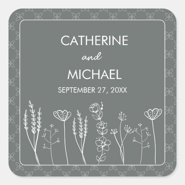 Grey Wildflower Bohemian Wedding Square Sticker (Front)