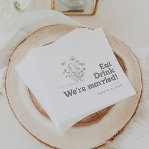 Grey Wildflower Eat Drink We're Married Wedding  Napkin
