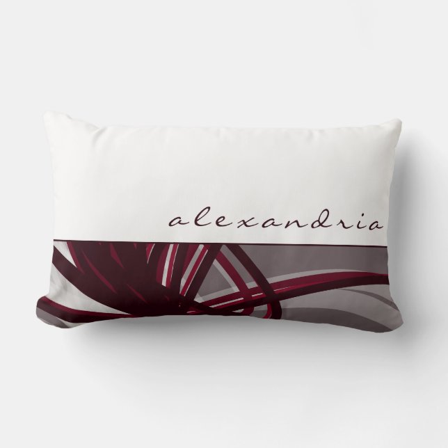 Grey & Wine Abstract Ribbons | White | Custom Name Lumbar Pillow (Front)