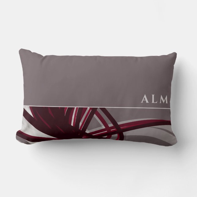 Grey & Wine Artistic Abstract Ribbons | Monogram Lumbar Pillow (Front)
