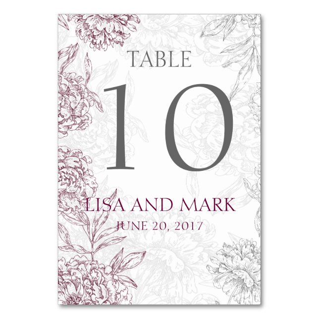 Grey Wine Floral Vintage Wedding Table Number (Front)