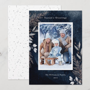 Grey Winter Foliage on Navy Blue Watercolor Photo Holiday Card