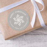 Grey Winter Snowflake Christmas Gift Tag Stickers<br><div class="desc">Affordable custom printed Merry Christmas round gift tag stickers personalized with your text. This simple modern holiday design features a white snowflake on a light grey background. Use the design tools to choose any background colour, edit text fonts and colours or upload your own photos to design your own unique...</div>