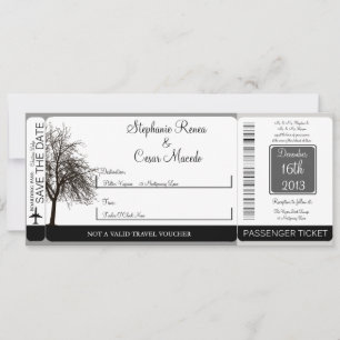 Grey Winter Tree Boarding Pass Wedding Invitation