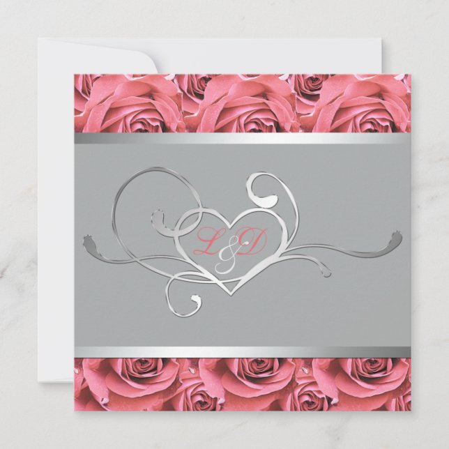 Grey with Coral Pink Roses Monogrammed Invitation (Front)