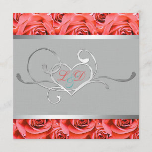 Grey with Coral Pink Roses Monogrammed Invitation