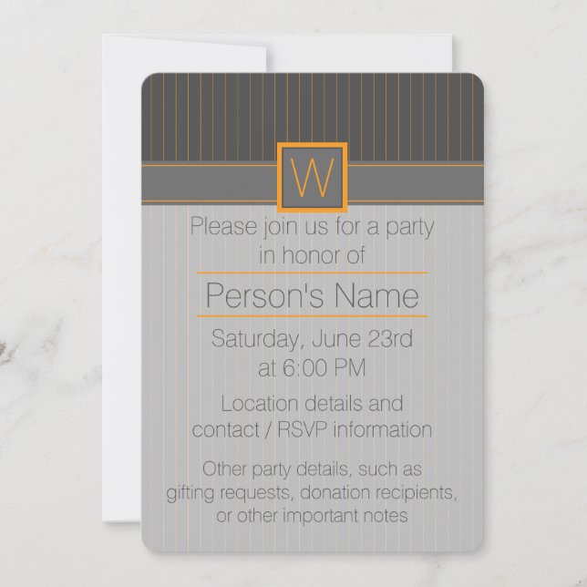 Grey with Orange Pinstripes Party Invitation (Front)