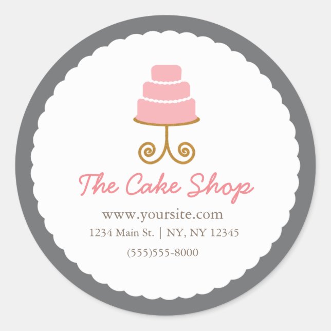 Grey With Pink Cake Bakery Sticker Label (Front)