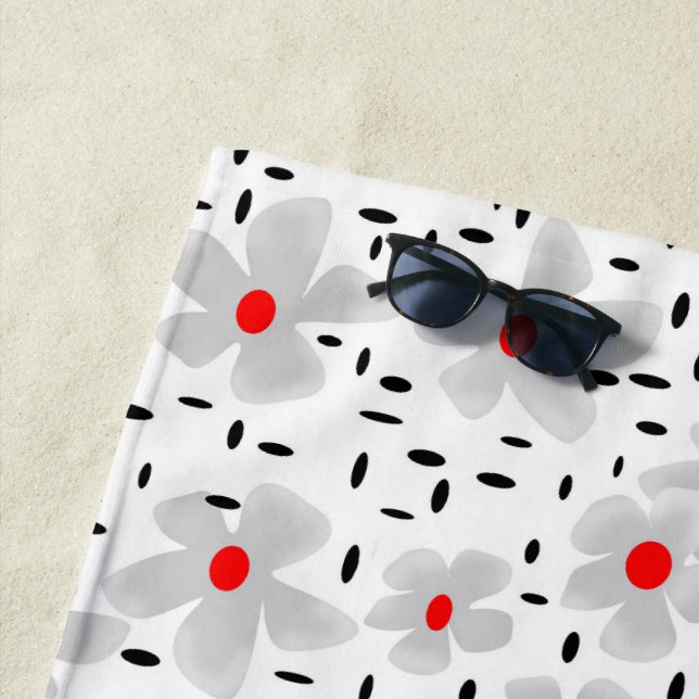 grey with red flowers on white background retro beach towel (In Situ)