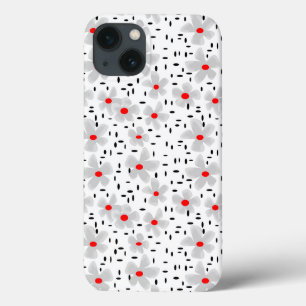 grey with red flowers on white background retro iPhone 13 case