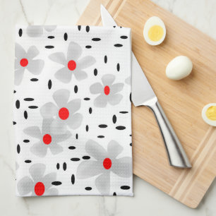 grey with red flowers on white background retro kitchen towel