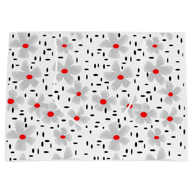 grey with red flowers on white background retro large gift bag (Front)