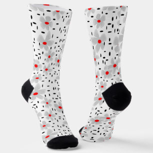 grey with red flowers on white background retro socks