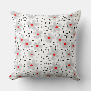grey with red flowers on white background retro throw pillow