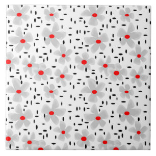 grey with red flowers on white background retro tile