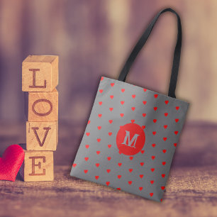 Grey with Red Hearts Monogramed Letter Tote Bag