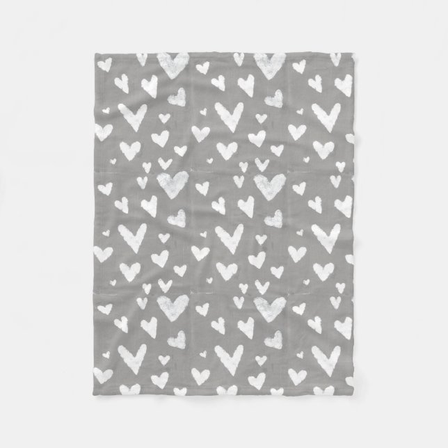 Grey with White Hearts Fleece Blanket (Front)