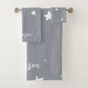 Grey with White Stars Personalized Bath Towel Set