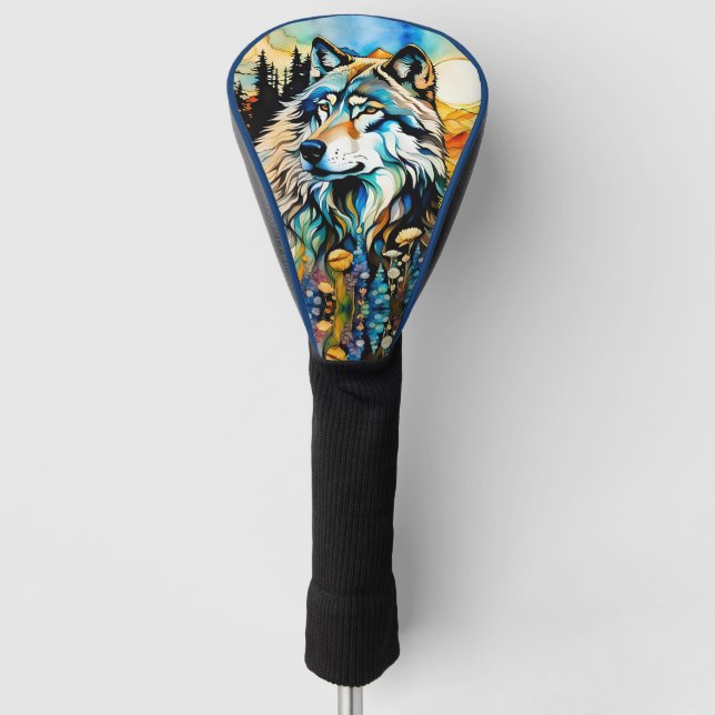 Grey wolf and Wildflowers Golf Head Cover (Front)