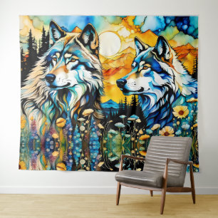 Grey wolf and Wildflowers Tapestry