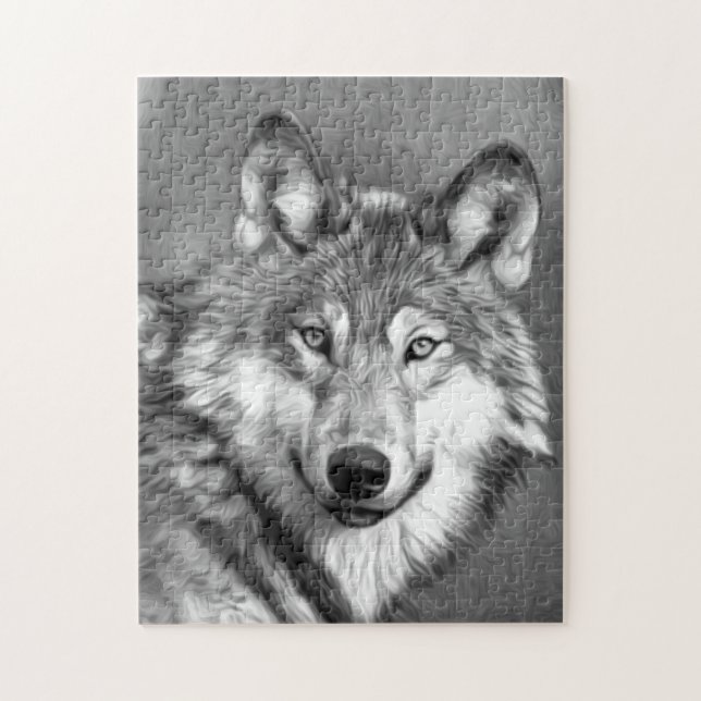 Grey Wolf Art Painting Graphic | Black and White Jigsaw Puzzle (Vertical)